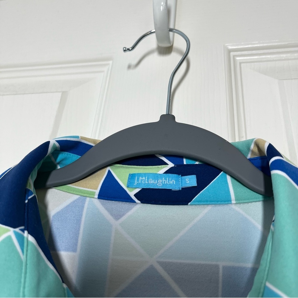 J MCLAUGHLIN Geometric Blue and Green Sleeveless Collar Belted Dress Size Small - Picture 4 of 8